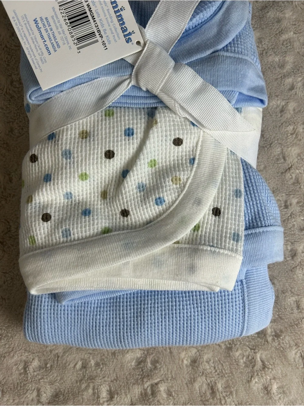 Garanimals Thermal Baby Blanket Set Waffle Weave Blue White Polka Dots Green